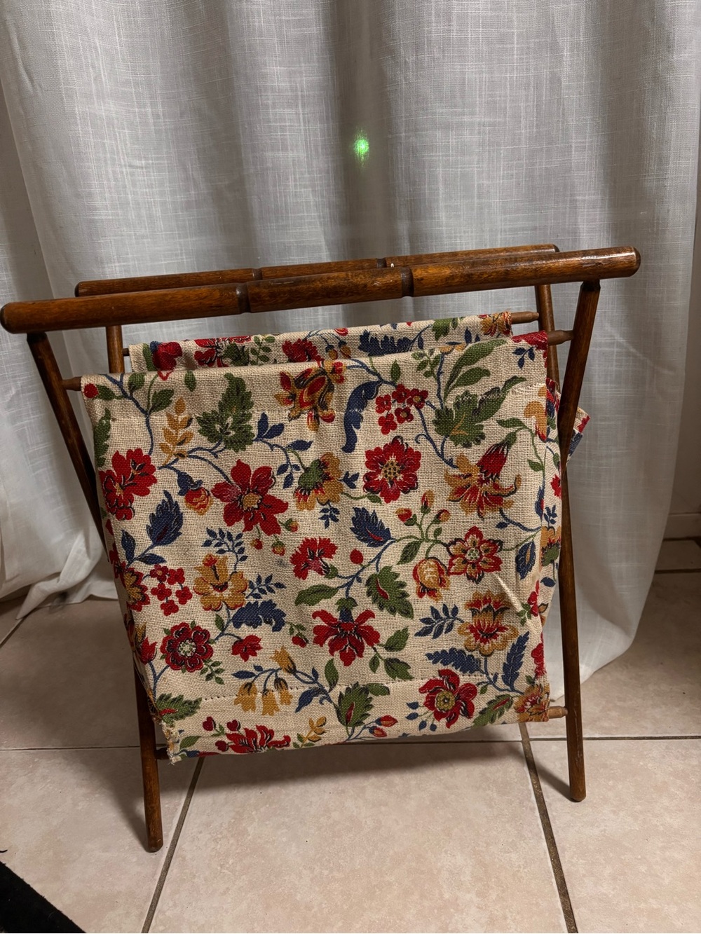 Vintage Magazine Rack Wooden Folding, Floral Fabric Sewing Knitting Basket